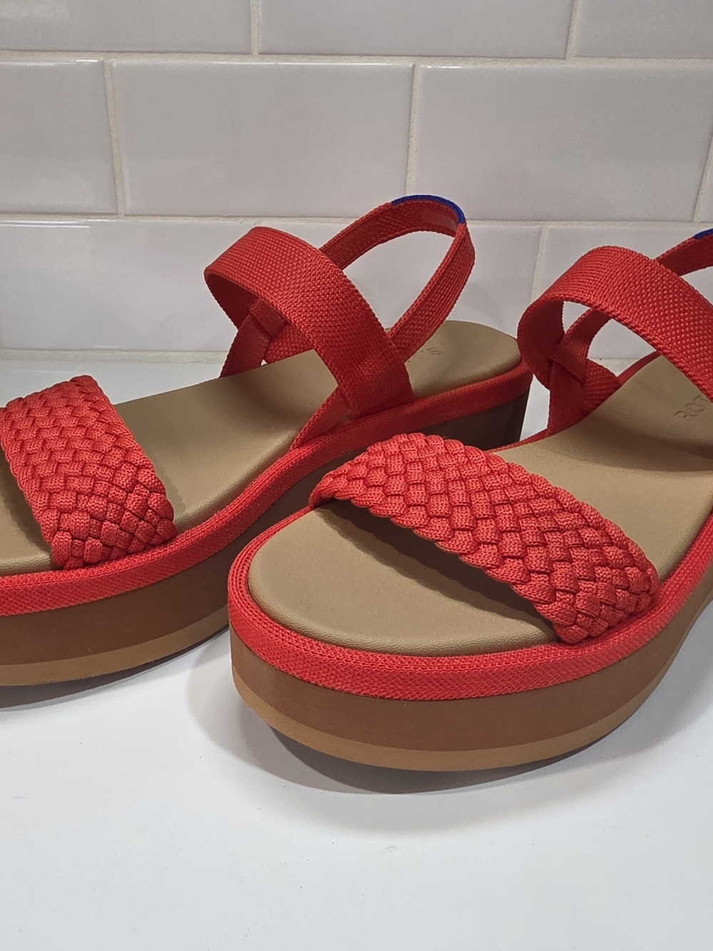 Rothy's The LW Wedge Red Hot Woven Platform Sandals Women's Size 9 NWT - Picture 2 of 6